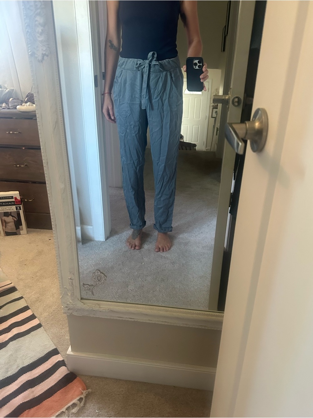 Blue Tie-Waist Casual Pants